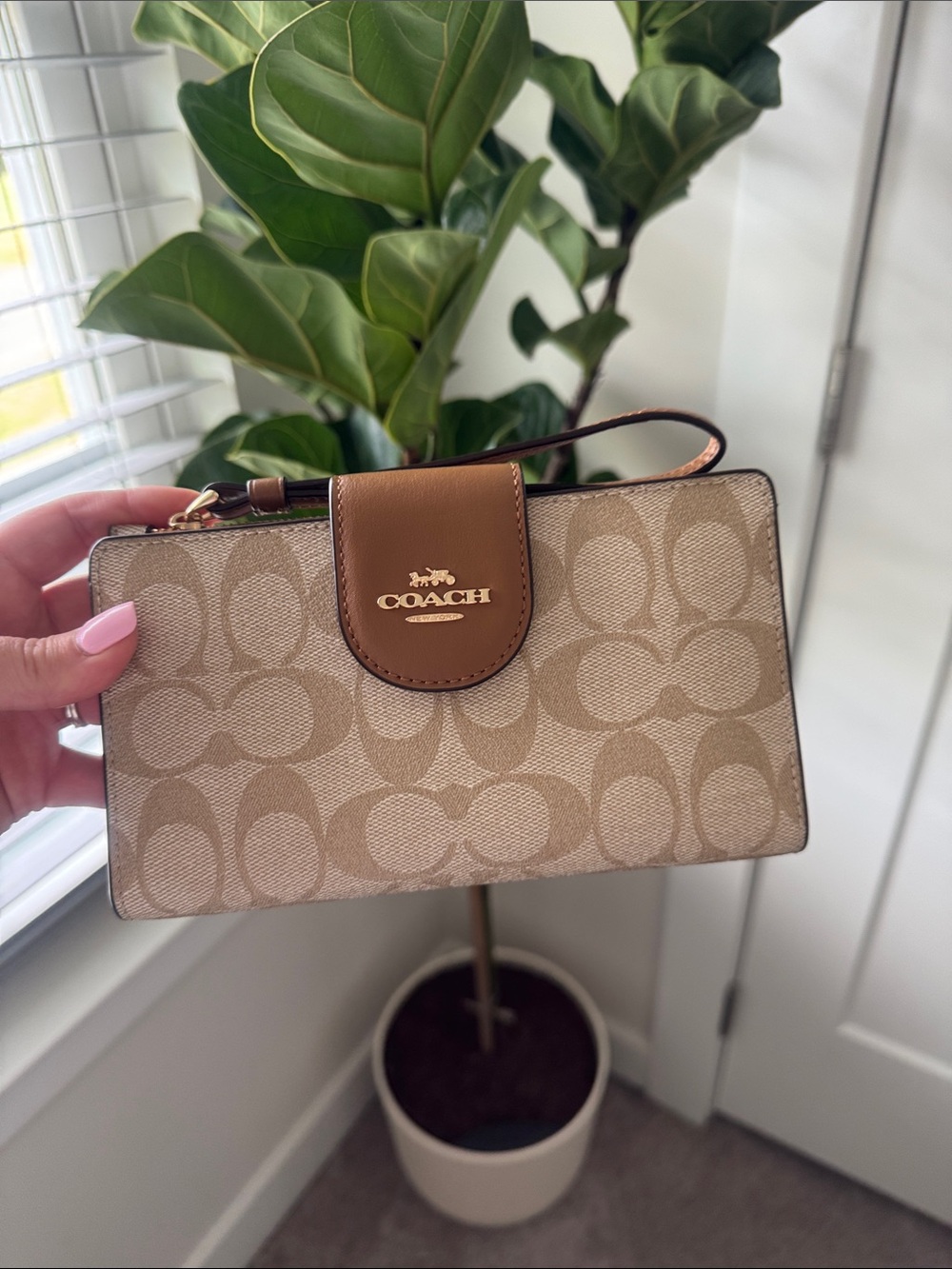 Coach Beige/Tan Signature Canvas Wristlet with Leather Trim